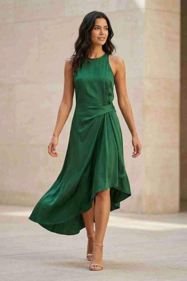 reiss micah dress green Rent Reiss Micah Satin Drape Midi Dress – Timeless Elegance – Versatile