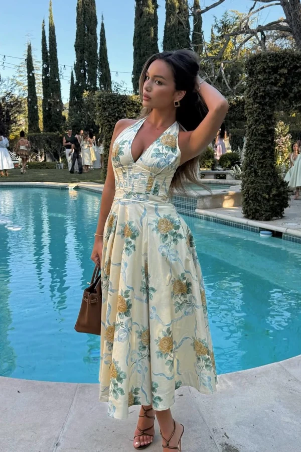 Rent Allena Lemon Ribbon Stretch Cotton Halter Midi Sundress - House of CB  | HURR