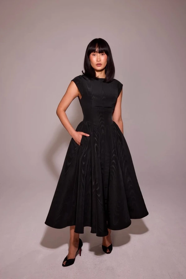 debutante midi dress Clothing: Midi Dresses: 'Debutante' Black Moire Satin Backless Midi Dress