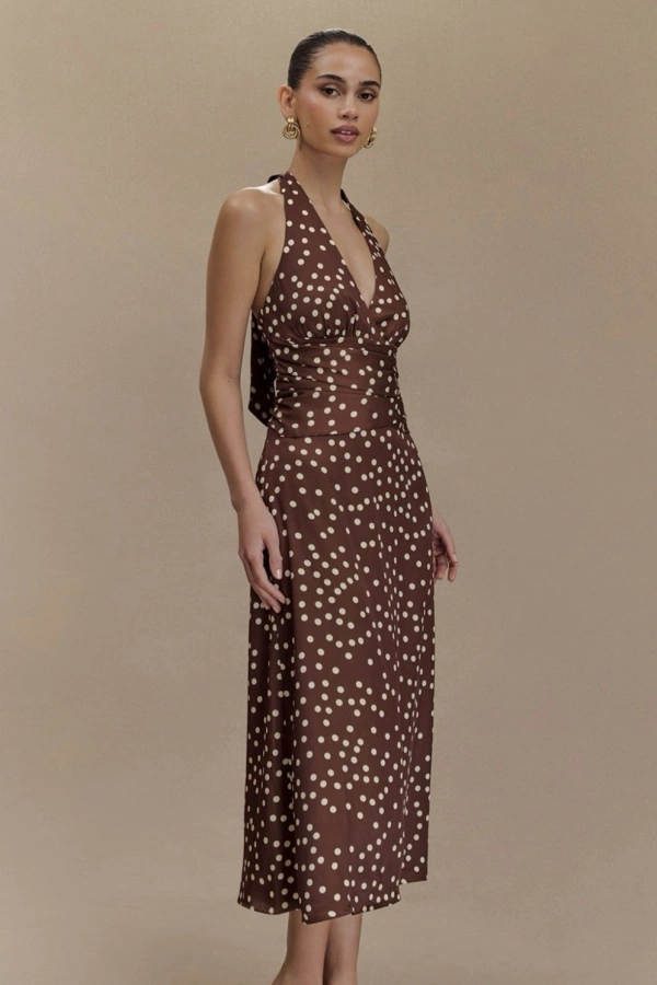 marguerite halter maxi dress brown polka dot Rent Satin Midi - Print - Meshki Halter neck