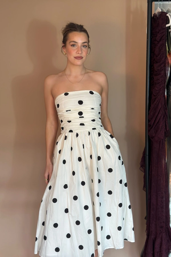 Rent Nobody Child White Polka Dot Bandeau Felicity Midi Dress - Nobody's  Child | HURR