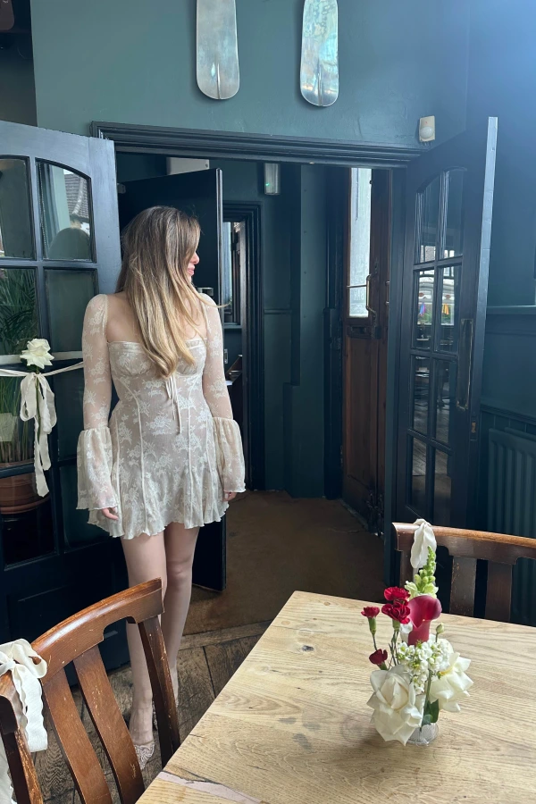 knee length dresses for ladies ANALISSA VINTAGE CREAM LACE CORSET MINI DRESS