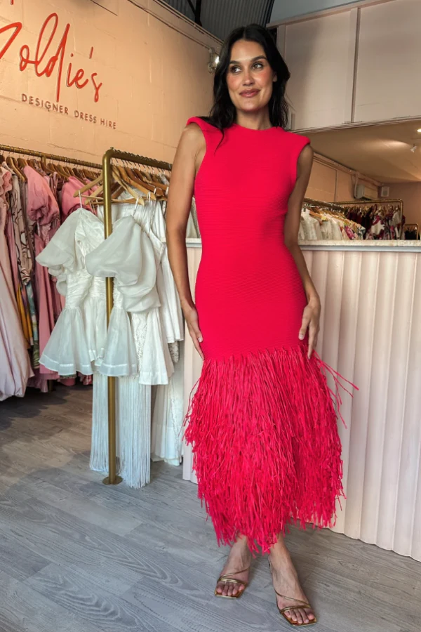 Rent AJE Rushes Raffia Knit Midi Dress in Deep Fuschia Pink - Aje | HURR