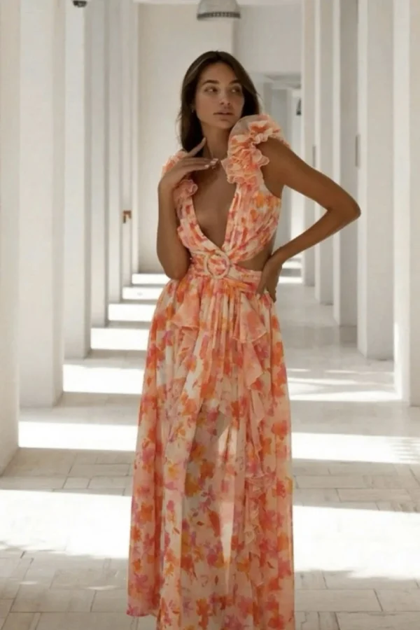 GGUHHU Women’s Floral Print Long Wrap Dress — Cotton-Linen Blend With Pockets, Orange, Size Large - View #11