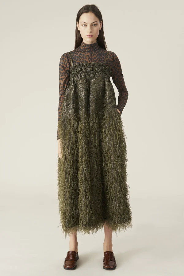 ganni green feather dress Ganni Faux-feather Embellished Brocade Dress in Green
