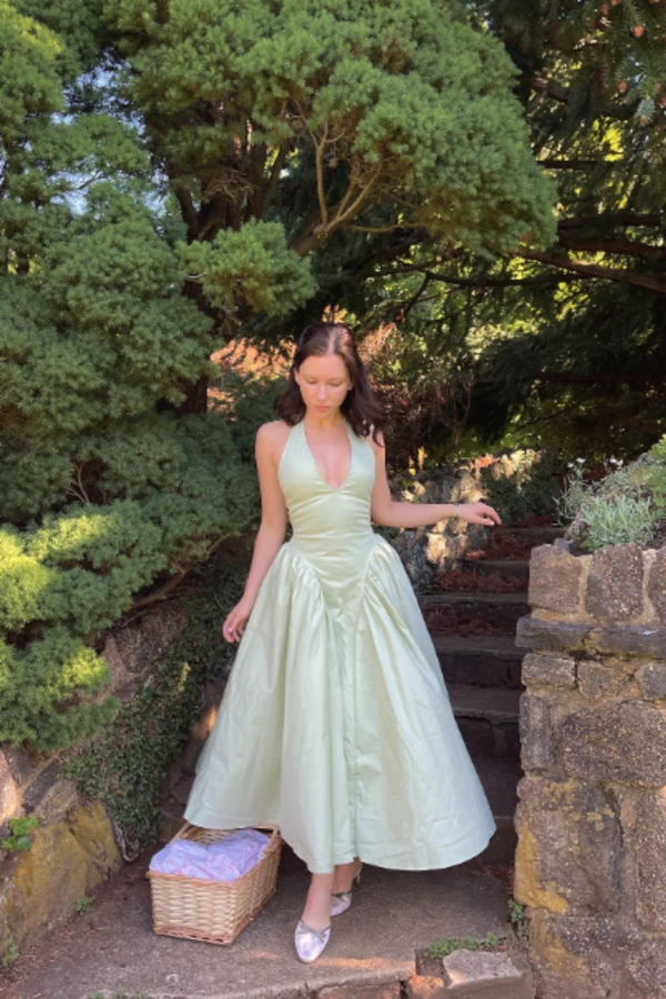 Rent HOUSE OF CB Marilyn pistachio cotton halter midi sundress