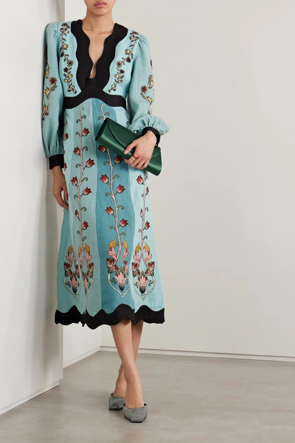 farm rio blue flowing beauty embroidered long sleeve midi dress Farm Rio Light Blue Embroidery Short Sleeve Midi Dress Light Blue / M main image 0