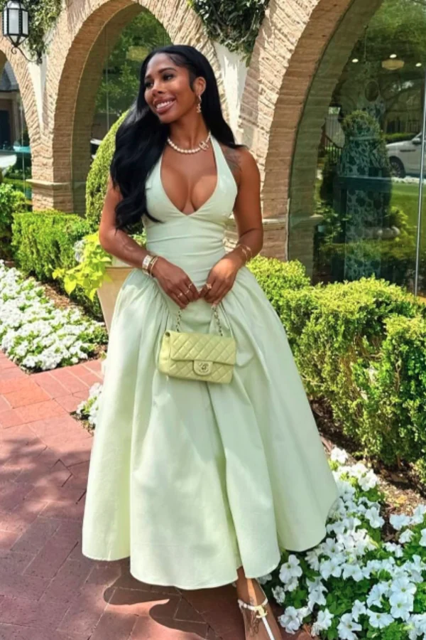 alemais trippy troppo halter midi dress Amelita Suiting Halter Midi Dress / Pale Lemon | MESHKI main image 0