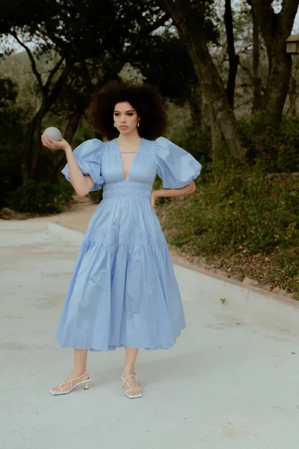 Rent Aje Fallingwater Gathered Midi Dress Powder blue - Aje | HURR