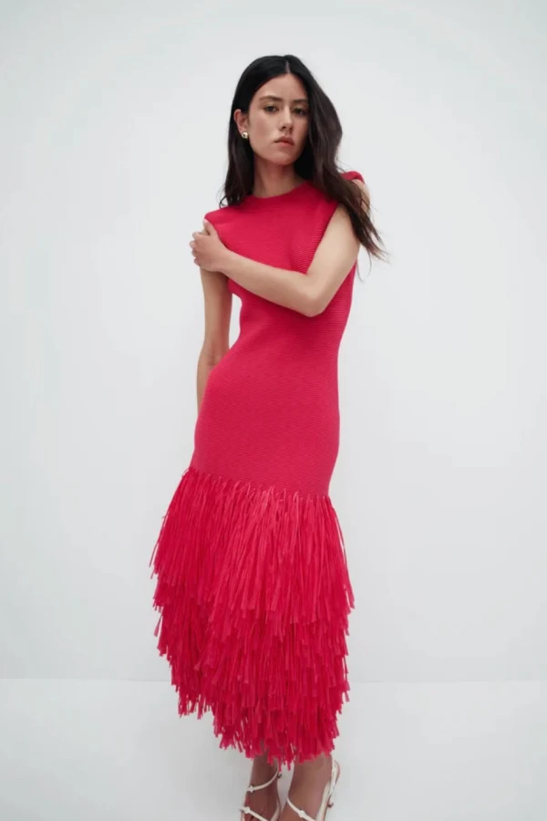 Rent Aje Rushes Raffia Knit Midi Dress Pink - Aje | HURR