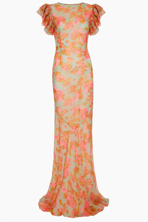 bougainvillea chiffon maxi dress in sage floral Rent BOUGAINVILLEA CHIFFON MAXI DRESS IN SAGE FLORAL - De La Vali