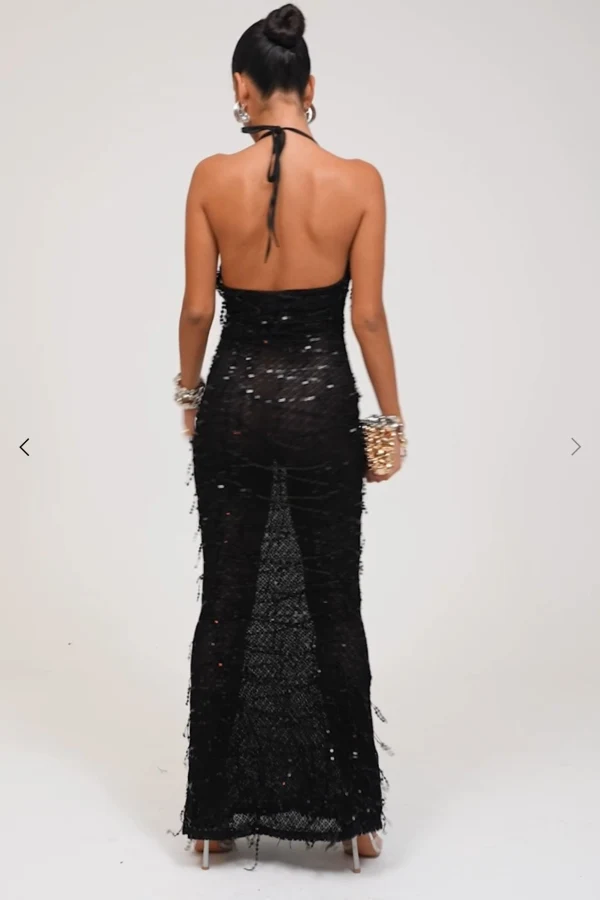 Rent Abbys Deep cowl halter neck black sequin maxi dress - Murci | HURR
