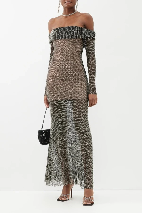 Rent Black rhinestone fishnet midaxi dress - Self-Portrait | HURR