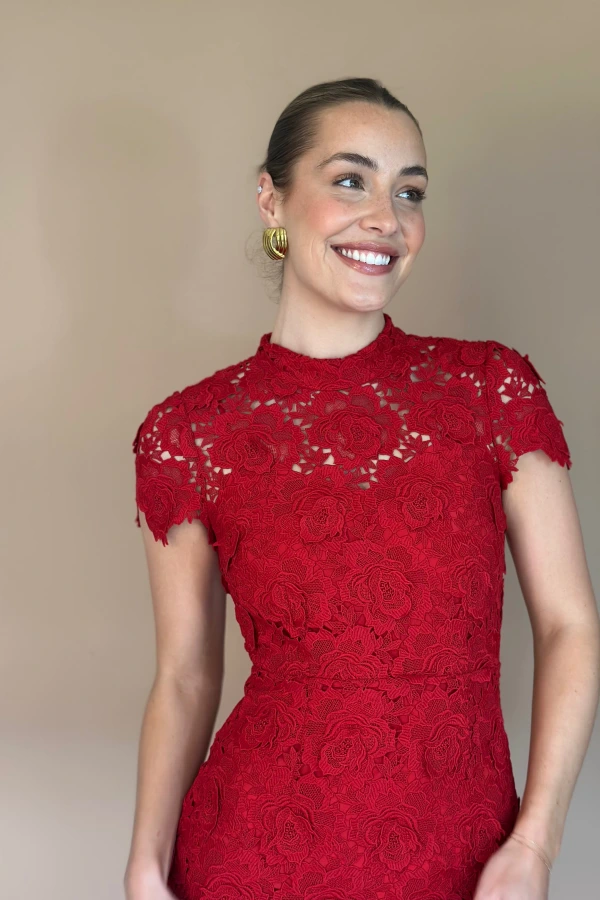 Rent Self Portrait Red Flower Lace Midi Dress - Self-Portrait | HURR
