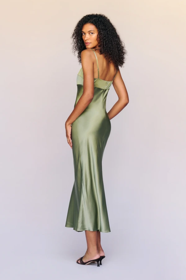 green emerald velvet dress Reformation Hensley Artichoke Satin Sweetheart Neck Maxi Dress – The Closet  New York main image 1