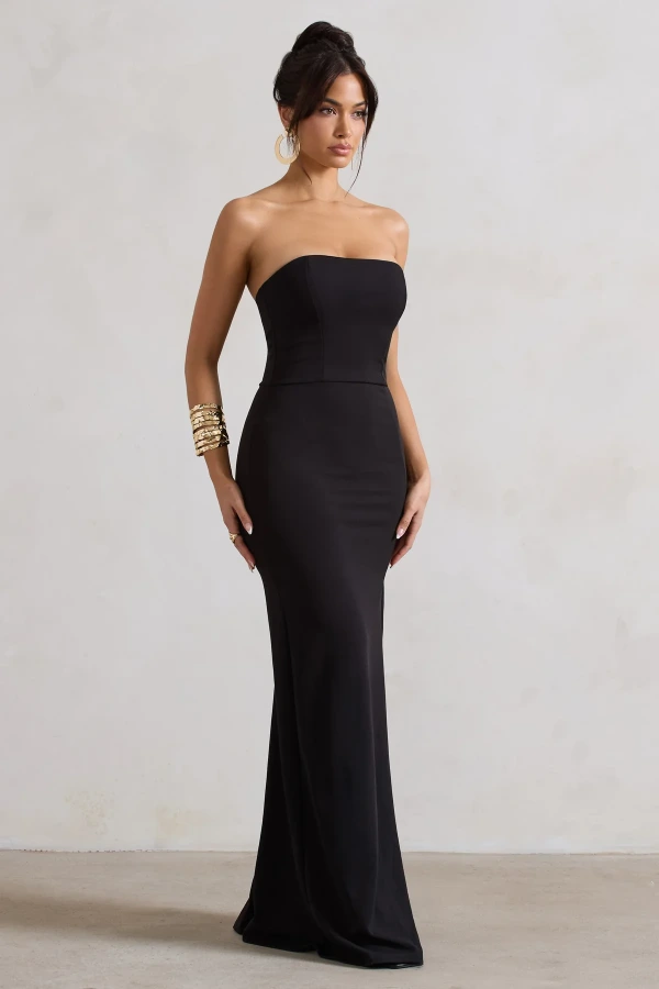 chinese dress ladies Black Casual Striped Split Maxi Bandeau Dress  PINKCOLADA