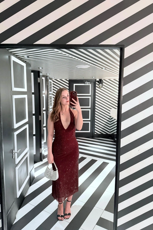 Rent Genie Diamante Halter Midi Dress - Mahogany - Meshki | HURR