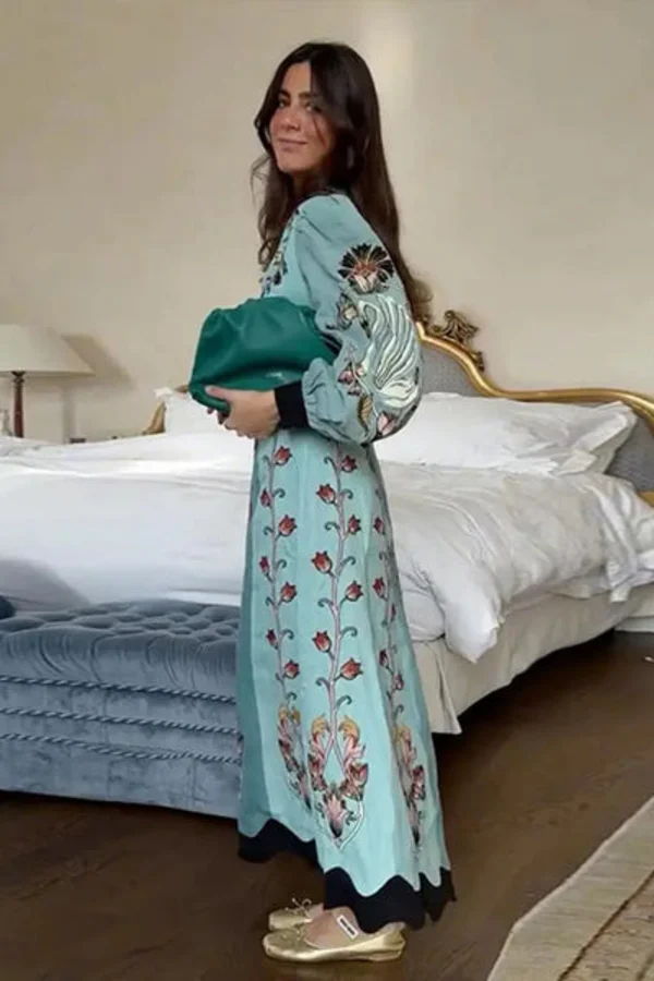 blue flowing beauty embroidered long sleeve midi dress Blue Flowing Beauty Embroidered Long Sleeve Midi Dress  FARM Rio