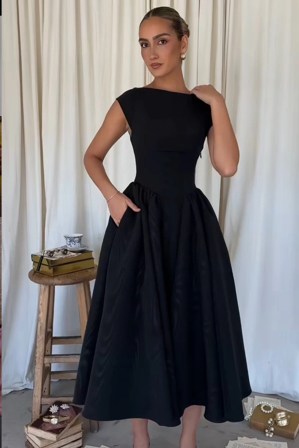 navy blue dress for baby girl Clothing: Midi Dresses: 'Debutante' Black Moire Satin Backless Midi Dress
