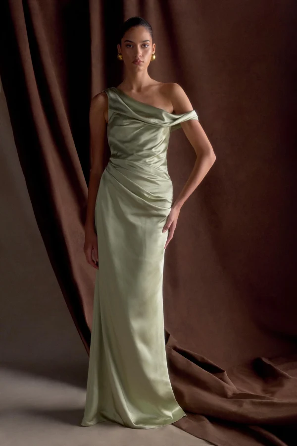 Rent Dalia Off Shoulder Satin Maxi Dress Sage - Meshki | HURR