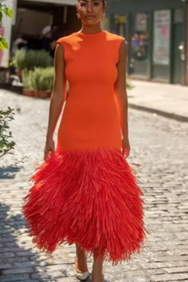 Rent Rushes Raffia Knit Midi Dress Orange Size XL UK 18 - Aje | HURR
