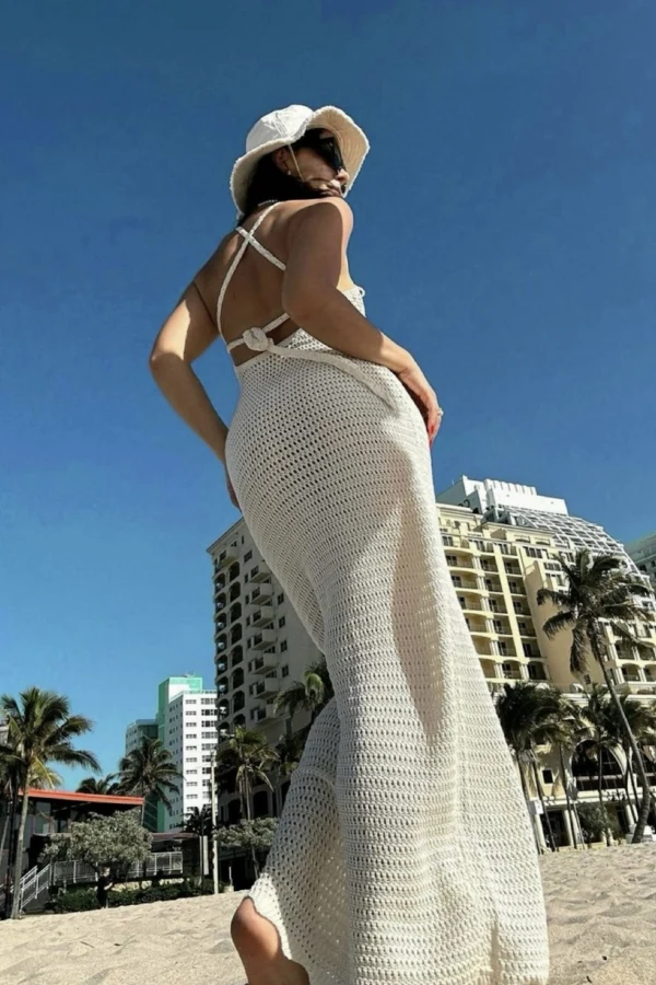 meshki crochet dress Sam Halter Hand Maxi / Periwinkle | on design ensures effortless wear Meshki Pink Crochet Dress by