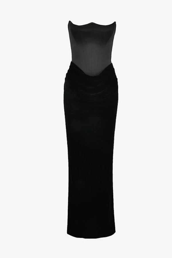 black velvet strapless corset maxi dress Clothing : Max Dresses : 'Mariella' Black Velvet Strapless Maxi Gown