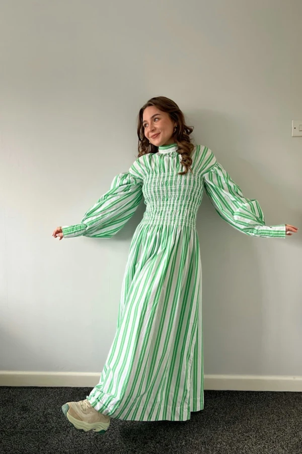 ganni green and white striped dress Flowy Long A-Line Prom Dress with Sheer Lace-Up Corset– PromGirl