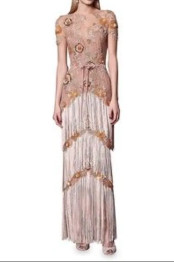green emerald velvet dress Marchesa Notte Embroidered Floral Gown main image 1