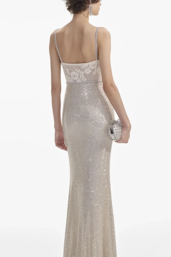Rent Self Portrait Cream Rhinestone Mesh Maxi Dress - Self-Portrait | HURR