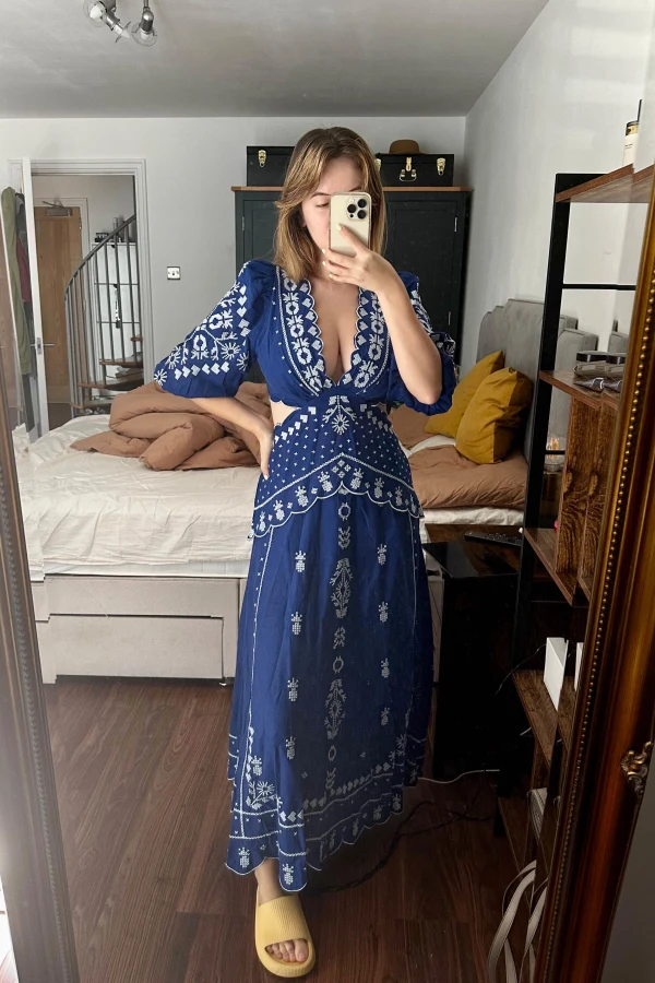 white christmas dresses Sheer Luck Tasman V-Neck Cutout Waisted Neck Midi Dress (Navy Blue) L (Pre Order 5-10 Days) main image 1