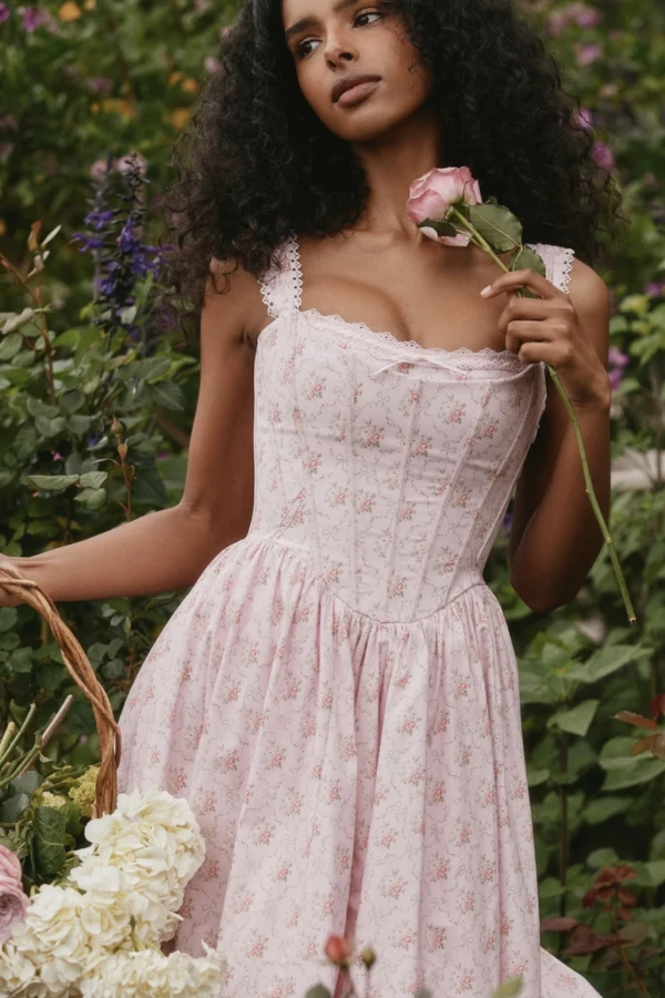Rent Amara Pink Rose Print Stretch Cotton Corset Midi Dress - House of CB |  HURR
