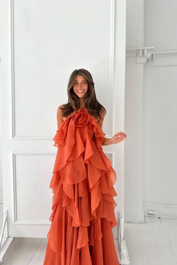 knee length dresses for ladies Aje Pandorea Layered Maxi Dress in Brown – HONEY HIRE BOUTIQUE main image 0
