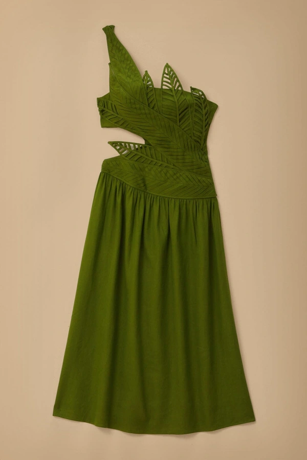 green leaves cut out midi dress farm rio FARM Rio Green Striped 3d Monstera Leaf Euroflax Premium Linen Midi Dress, Green / XXS