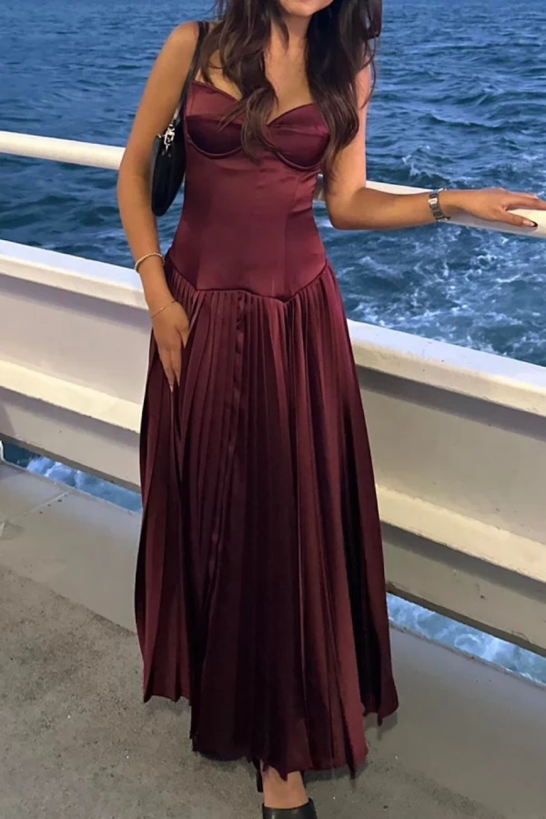 knee length dresses for ladies Liv Pleated Dress in Wine
