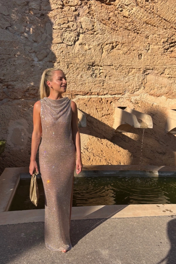 silver rhinestone drape maxi dress Silver Rhinestone Drape Maxi Dress  self-portrait-US