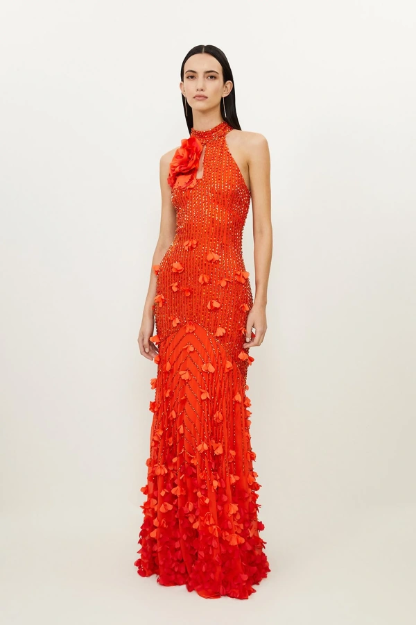 crystal applique woven maxi rosette maxi dress Shop Floral Applique Crystal Embellished Woven Floor Rosette Maxi Dress  Online in Oman