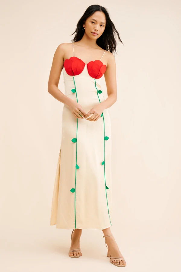 farm rio beige rose shaped bodice sleeveless maxi dress Pink Beaded Spring Sleeveless Maxi Dress  FARM Rio