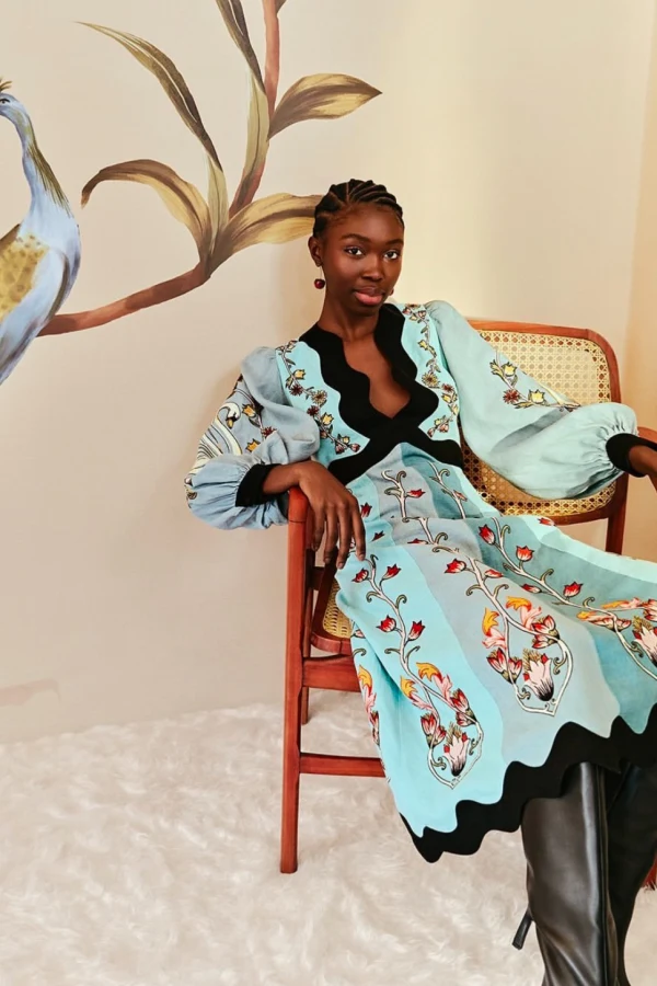farm rio blue flowing beauty embroidered long sleeve midi dress Blue Beauty Bouquet Long Sleeve Maxi Dress – FARM Rio main image 0