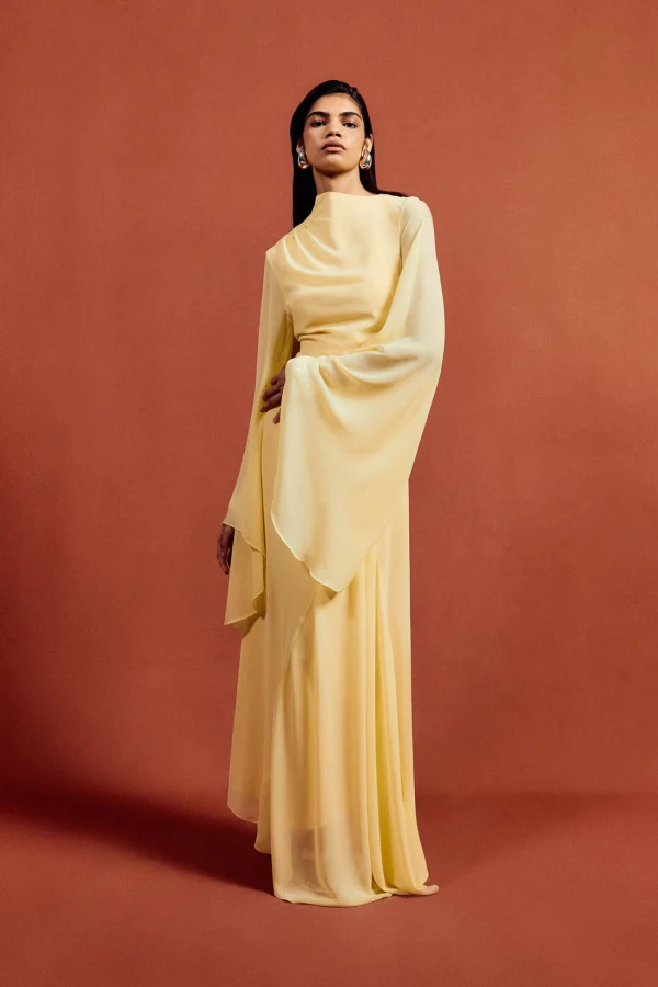 de la vali exclusive hausos chiffon maxi dress Rent in Sherbet Yellow - COLOR:Night Blue 19 WHIMSICAL FAIRY DRESS WOMENS Crinkle chiffon 164 cm (UK 8)