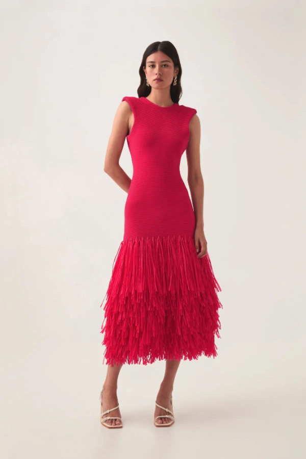 aje rushes fringed knit midi dress Aje - Rushes Raffia Knit Midi Dress, Orange
