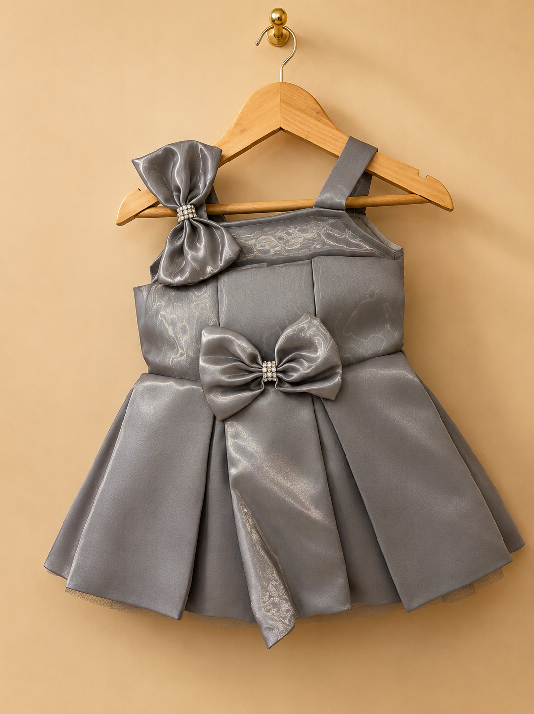 SLIVER GREY SATIN BOW PARTY DRESS