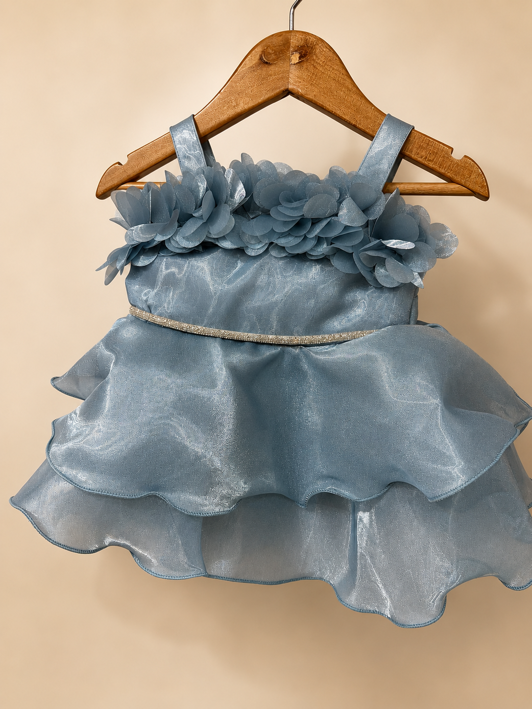 DUSTY BLUE FLORAL ORGANZA PARTY DRESS