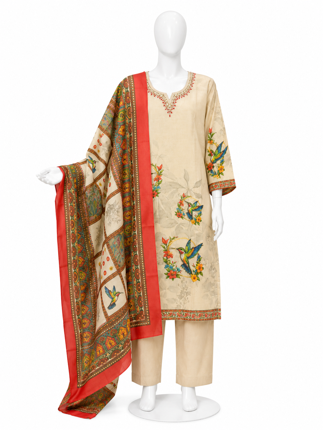 BEIGE FLORAL &BIRD PRINT STRAIGHT KURTA SET WITH DUPATTA