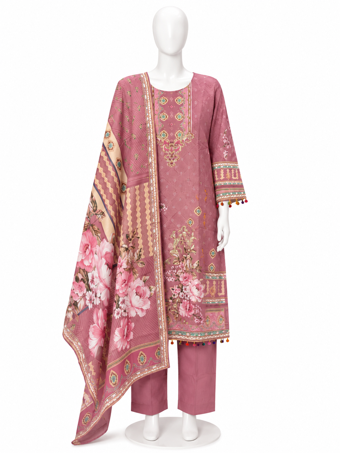 DUSTY ROSE FLORAL PRINTED KURTA PANT SET WITH DUPATTA