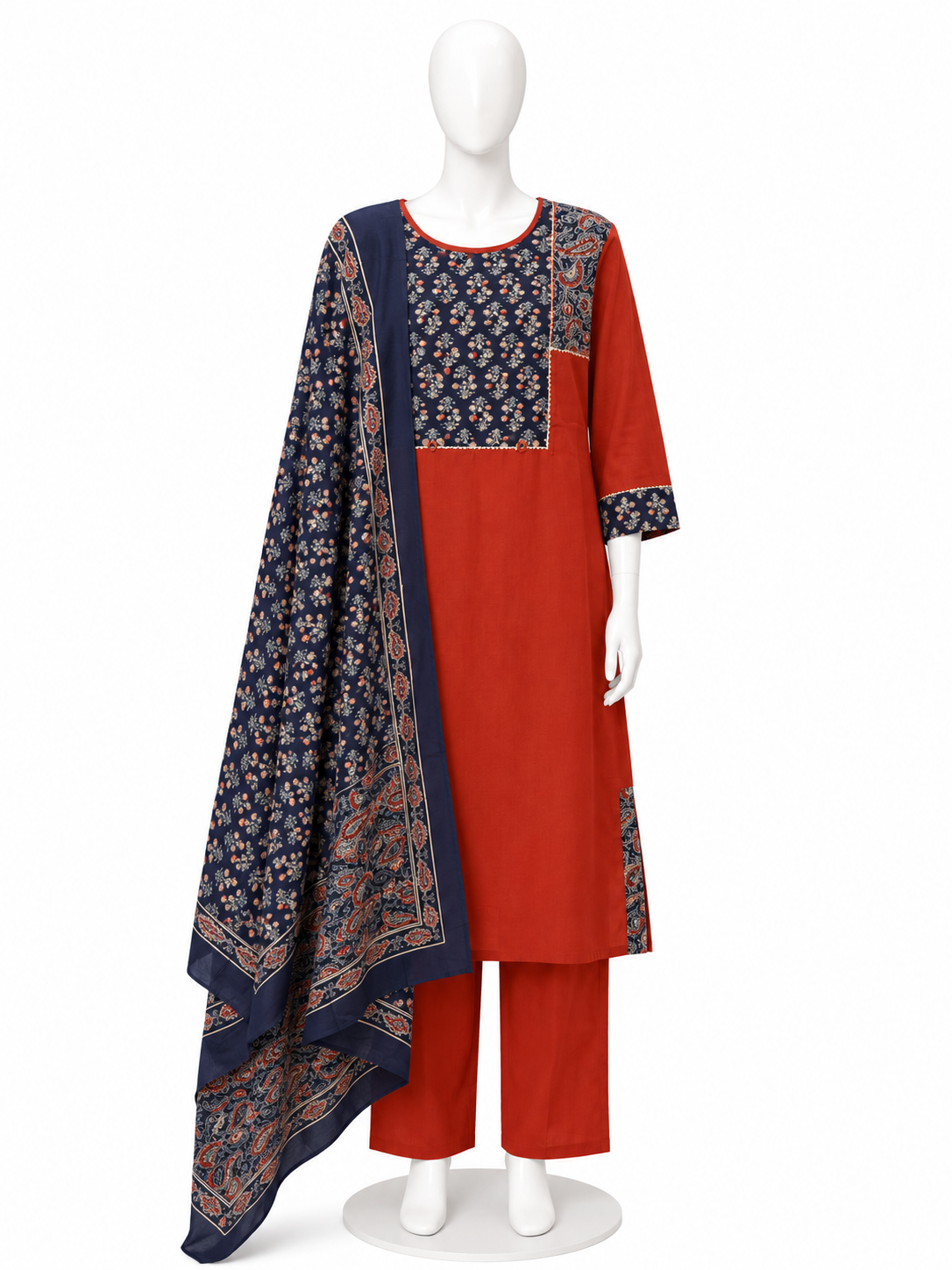 RUST ORANGE PRINTED STRAIGHT KURTA PANT SET WITH NAVY BLUE DUPATTA