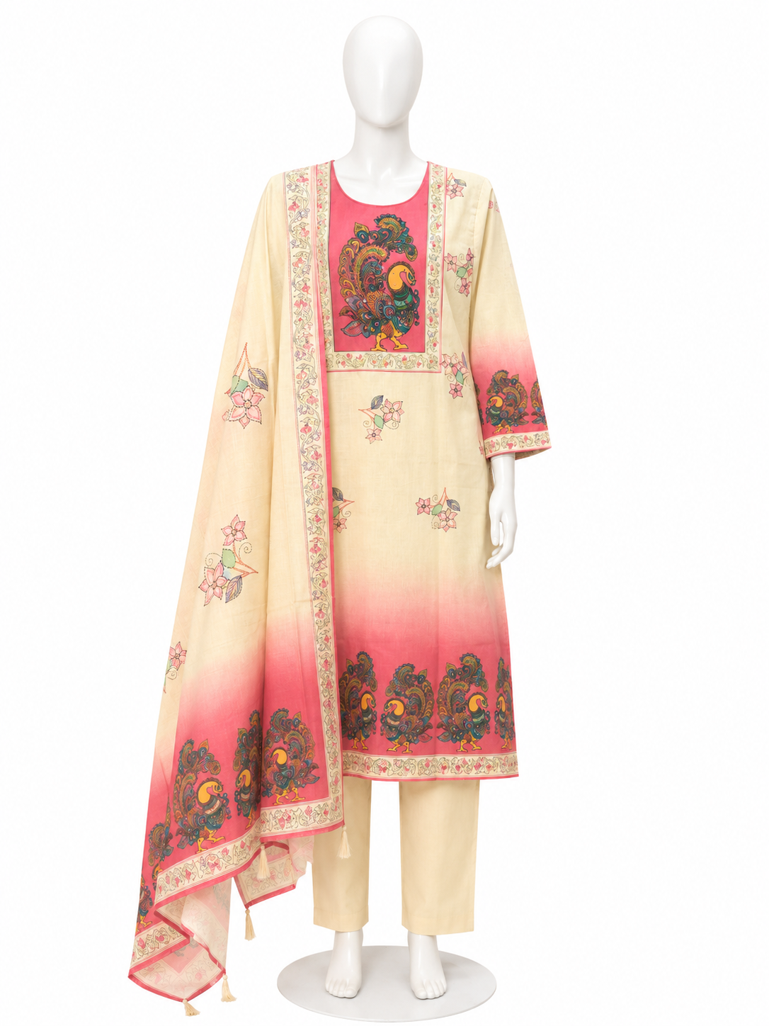 IVORY CREAM PEACOCK PRINT KURTA PANT SET WITH DUPATTA
