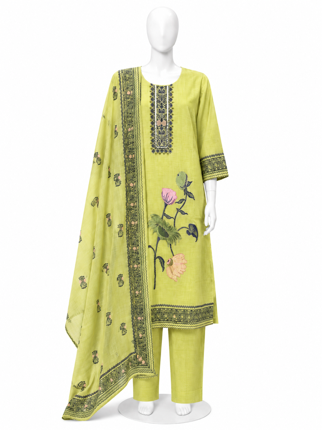 LIME GREEN FLORAL PRINTED KURTA PANT SET WITH DUPATTA