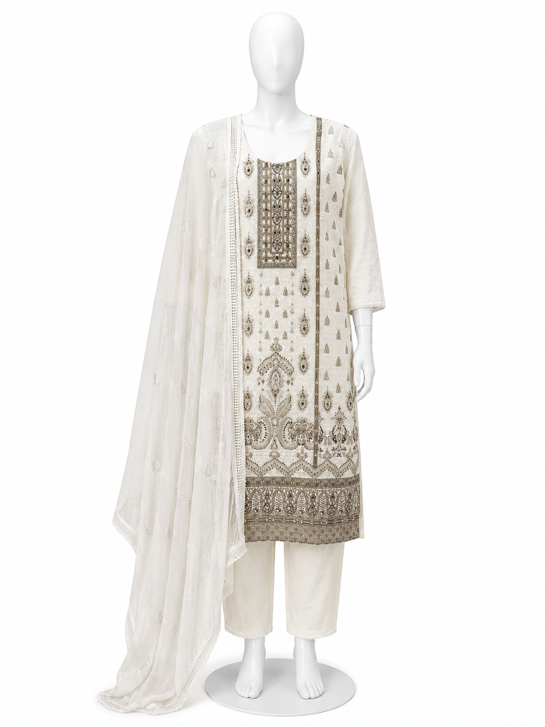 IVORY WHITE EMBROIDERED KURTA PANT SET WITH DUPATTA