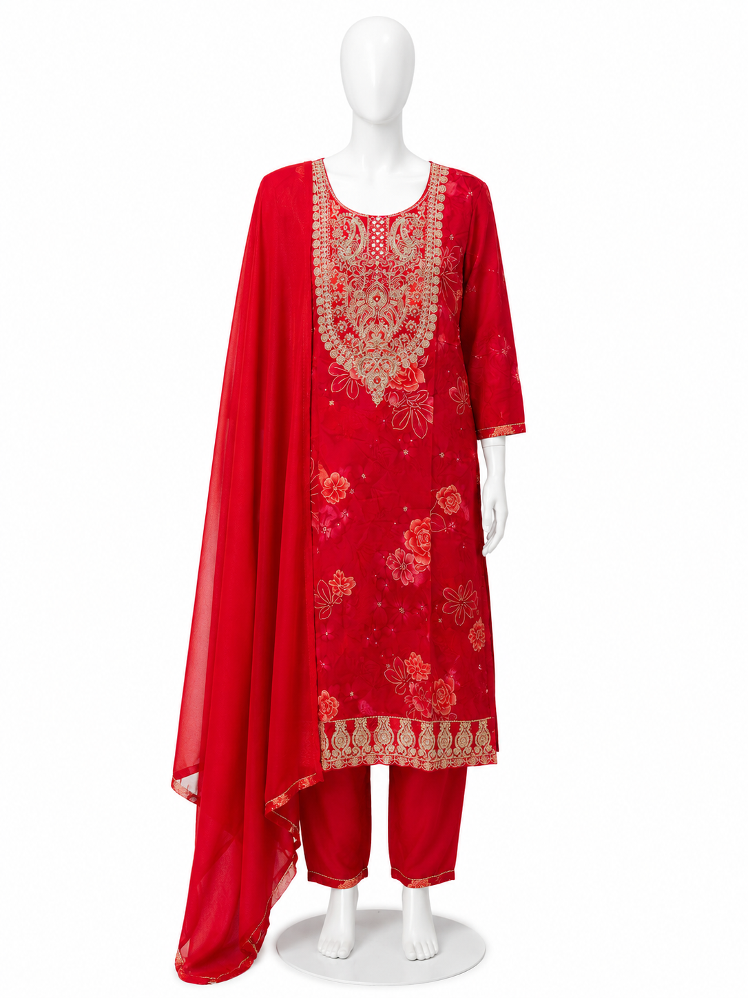 RUBY RED EMBROIDERED KURTA PANT SET WITH DUPATTA